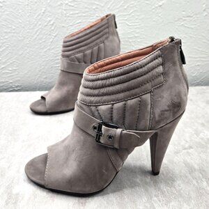 Peep Toe High Heel Boots Suede Gray Quilted Buckle Moto Dress Ankle Booties Sz 7
